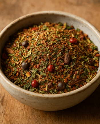 Assortiment d'épices colorées dans un bol en céramique sur fond en bois, ajoutant saveur et arôme aux plats.