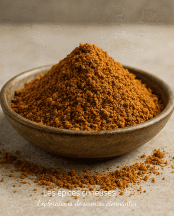 Bol en céramique rempli de poudre d'épices brun orangé sur une surface en pierre.