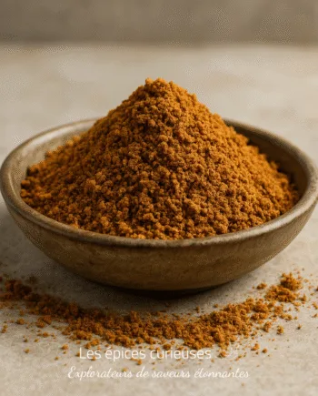 Bol en céramique rempli de poudre d'épices brun orangé sur une surface en pierre.