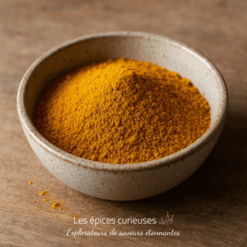 Bol de poudre de curcuma dorée sur une table en bois, ingrédient idéal pour recettes saines et saveurs exotiques.