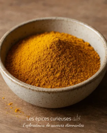 Bol de poudre de curcuma dorée sur une table en bois, ingrédient idéal pour recettes saines et saveurs exotiques.