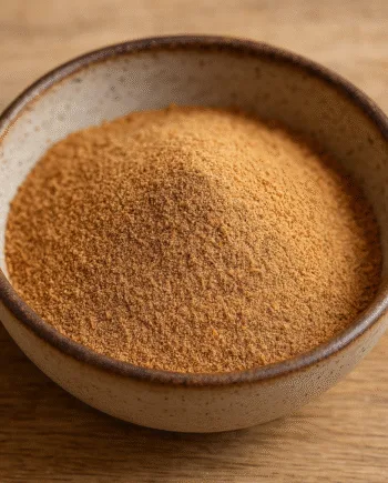 Bol en céramique rempli de poudre de sucre de coco sur une table en bois.