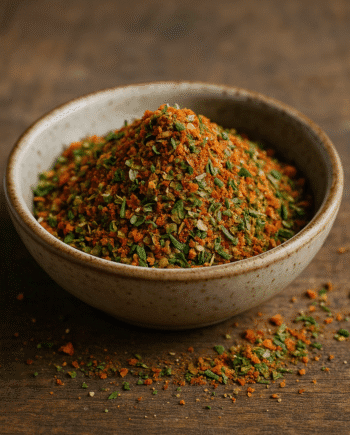 Assortiment d'épices colorées dans un bol en céramique sur une table en bois.