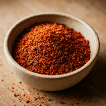 Bol de piment en poudre sur planche en bois, épice rouge vive pour cuisine intense.