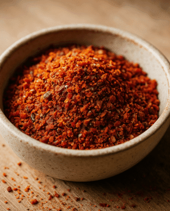 Bol de piment en poudre sur planche en bois, épice rouge vive pour cuisine intense.