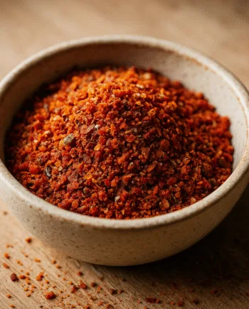 Bol de piment en poudre sur planche en bois, épice rouge vive pour cuisine intense.