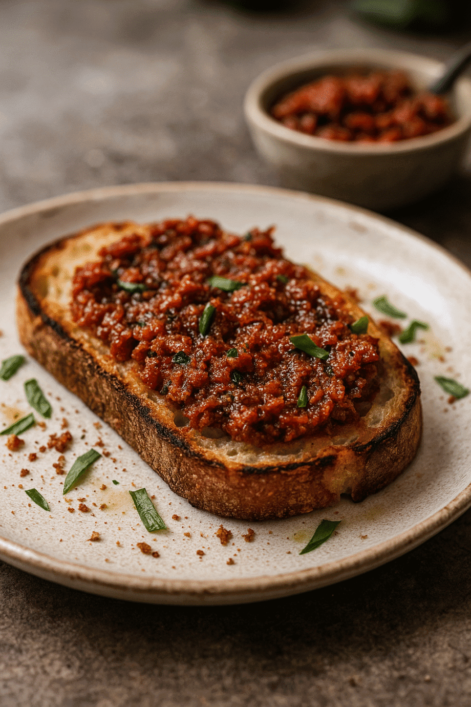 Toast garni de sauce tomate parfumée et de basilic frais sur une assiette en céramique.