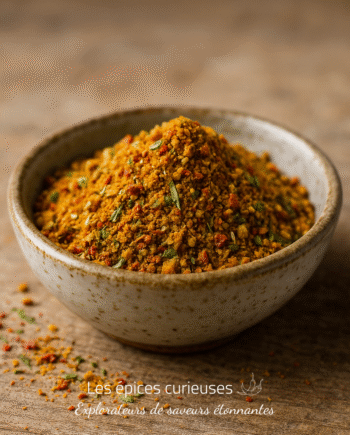 Bol de curry en poudre sur table en bois, épices colorées pour cuisine exotique.