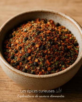 Bol de mélange d'épices colorées sur une table en bois, apportant saveur et arôme à vos plats préférés.
