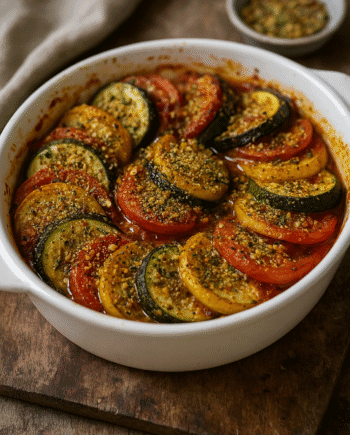 Plat de ratatouille coloré au four, composé de tomates et courgettes, saupoudré d'herbes et d'épices dans un plat blanc.