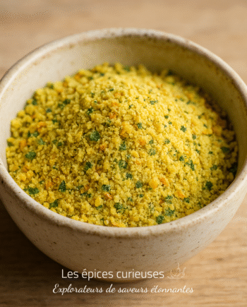 Bol de curry en poudre jaune avec des herbes, parfait pour rehausser vos plats avec une touche épicée et aromatique.