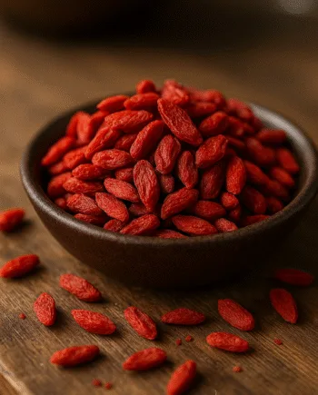 Bol de baies de goji rouges sur une table en bois, mise en avant de leurs bienfaits santé et propriétés antioxydantes.