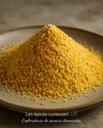 Assiette de semoule de couscous dorée en pile, prête pour une cuisine savoureuse et exotique.