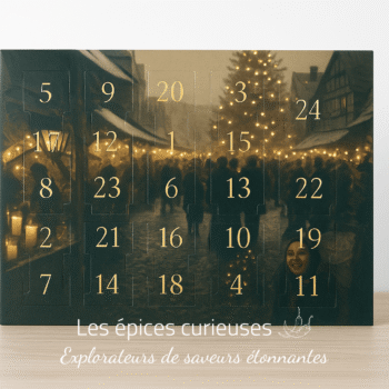 Calendrier de l'Avent avec scène de marché de Noël illuminé, numéros dorés, ambiance festive chaleureuse.