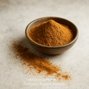 Bol en bois rempli de poudre de cannelle sur une surface claire, avec quelques épices répandues autour.