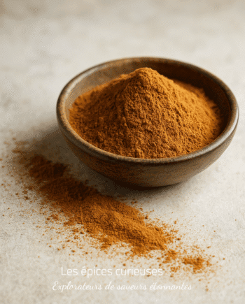 Bol en bois rempli de poudre de cannelle sur une surface claire, avec quelques épices répandues autour.
