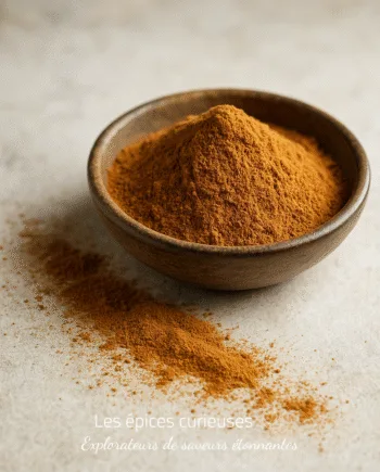 Bol en bois rempli de poudre de cannelle sur une surface claire, avec quelques épices répandues autour.