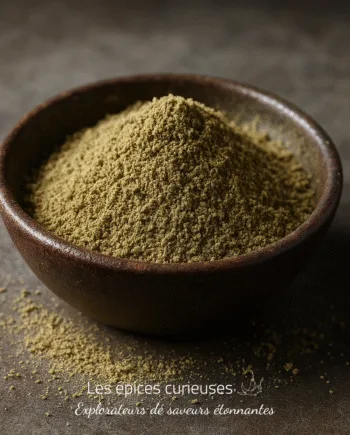 Bol en céramique rempli de poudre de thé matcha sur une table en bois sombre.