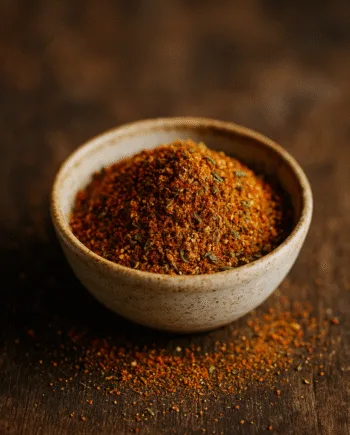 Bol de mélange d'épices colorées sur fond en bois, parfait pour rehausser le goût des plats faits maison.