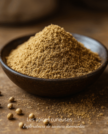 Bol de coriandre moulue sur une table en bois, accompagné de grains entiers.