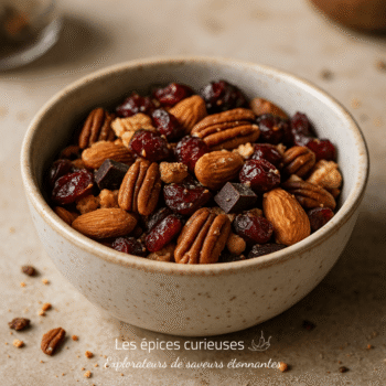 Bol de fruits secs et de noix variées, idéal pour une collation saine et énergétique.