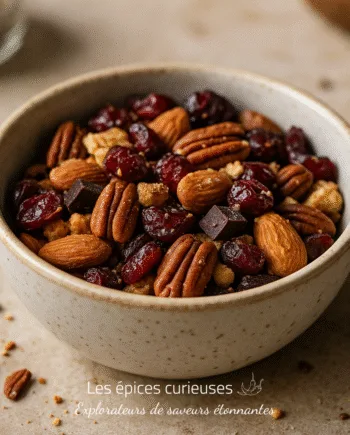 Bol de fruits secs et de noix variées, idéal pour une collation saine et énergétique.