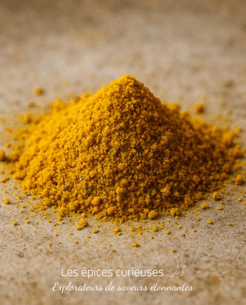 Tas de curcuma en poudre sur une surface en bois, épice utilisée pour ses bienfaits et ses saveurs culinaires.