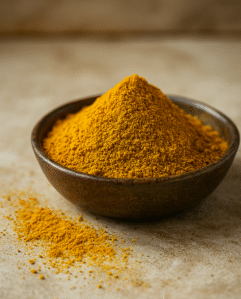 Bol de poudre de curcuma vibrant sur fond beige, épice naturelle et colorée pour cuisine et bien-être.