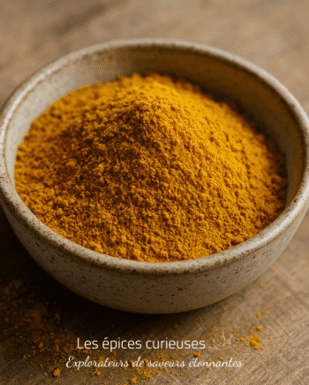 Bol de poudre de curcuma sur table en bois, épice jaune vibrante utilisée en cuisine pour sa saveur et ses bienfaits.