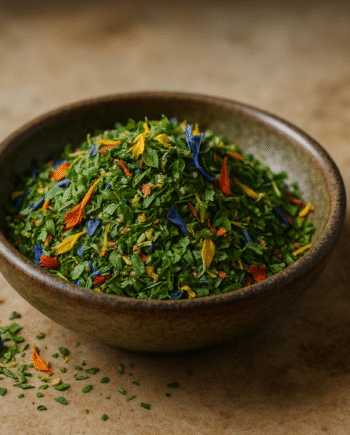 Bol de mélanges d'herbes séchées aux fleurs colorées sur une surface en bois.