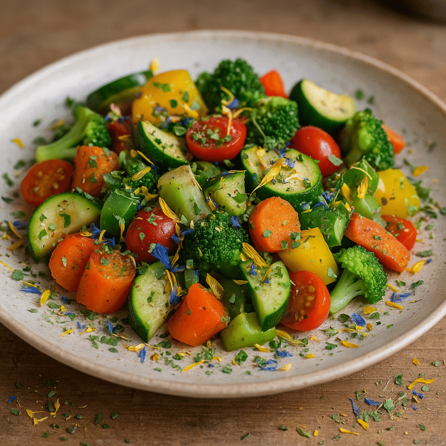 Assiette de légumes frais : tomates cerises, carottes, brocoli, et courgettes, garnie de fleurs comestibles colorées.