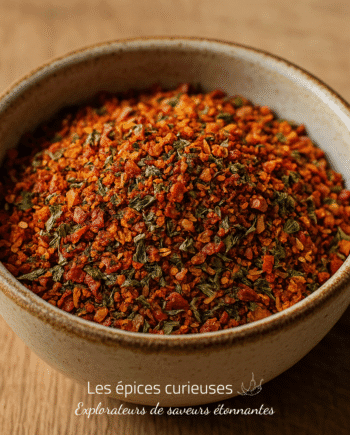 Bol de mélange d'épices rouges et vertes sur une table en bois, parfait pour ajouter du piquant à vos plats.