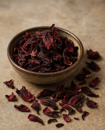 Fleurs d'hibiscus séchées dans un bol en céramique, posées sur une surface en pierre naturelle.