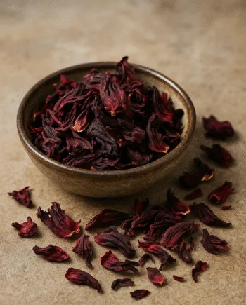 Fleurs d'hibiscus séchées dans un bol en céramique, posées sur une surface en pierre naturelle.