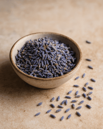 Bol de fleurs de lavande séchées sur une table, parfaites pour infusions et bien-être.