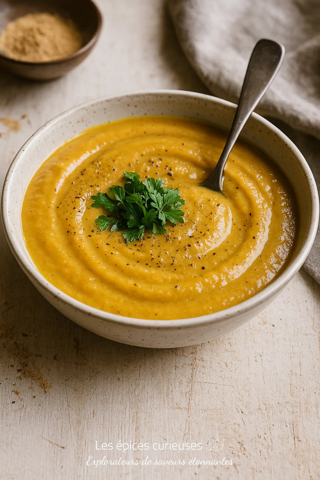 Soupe crémeuse aux légumes, garnie de persil frais, servie dans un bol en céramique avec une cuillère.