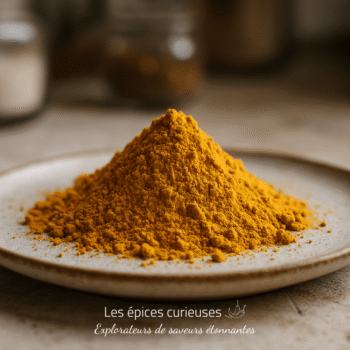 Poudre de curcuma sur assiette en céramique, épice naturelle pour la cuisine et la santé.