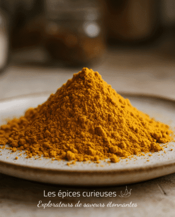 Poudre de curcuma sur assiette en céramique, épice naturelle pour la cuisine et la santé.