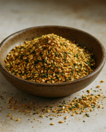 Mélange d'épices au sésame dans un bol sur une table en bois, ingrédients pour cuisine asiatique.