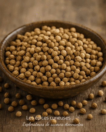 Bol de graines de coriandre séchées sur une table en bois, prêt à être utilisé en cuisine.