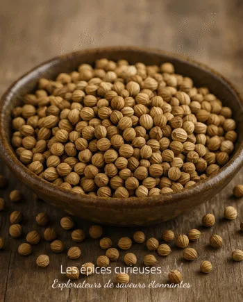 Bol de graines de coriandre séchées sur une table en bois, prêt à être utilisé en cuisine.