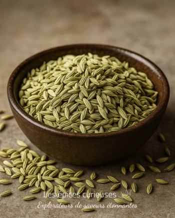 Bol de graines de fenouil séchées sur une table en bois, prêt pour l'utilisation culinaire ou médicinale.