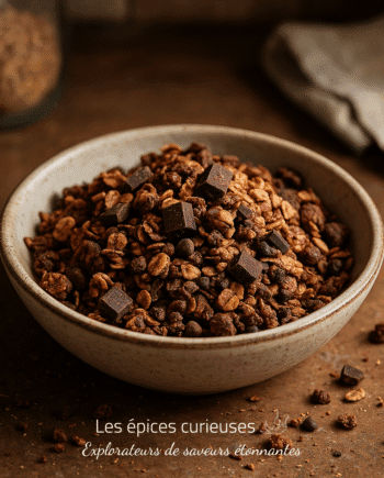 Bol de granola au chocolat, mélange d'avoine croustillante et pépites, idéal pour un petit-déjeuner gourmand et sain.