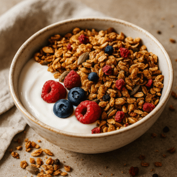 Bol de yaourt garni de granola croustillant et de baies fraîches, parfait pour un petit-déjeuner sain et délicieux.