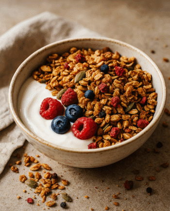 Bol de yaourt garni de granola croustillant et de baies fraîches, parfait pour un petit-déjeuner sain et délicieux.