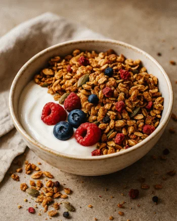 Bol de yaourt garni de granola croustillant et de baies fraîches, parfait pour un petit-déjeuner sain et délicieux.