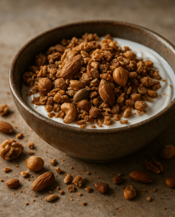 Bol de granola et noix croquants sur du yaourt crémeux. Repas sain parfait pour le petit-déjeuner.