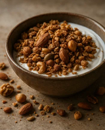 Bol de granola et noix croquants sur du yaourt crémeux. Repas sain parfait pour le petit-déjeuner.