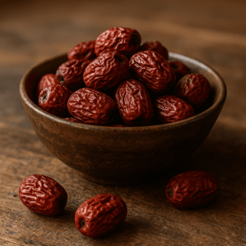 Bol de jujubes séchés sur une table en bois, fruits riches en nutriments et bienfaits pour la santé.
