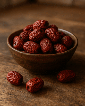 Bol de jujubes séchés sur une table en bois, fruits riches en nutriments et bienfaits pour la santé.